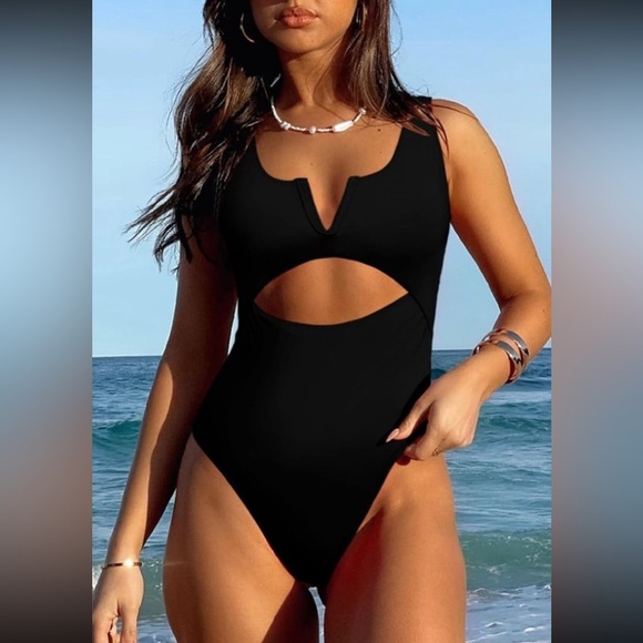 Meyeeka Womens One Piece Swimsuit V Neck Tummy Control Open Back NWT L - Picture 3 of 8